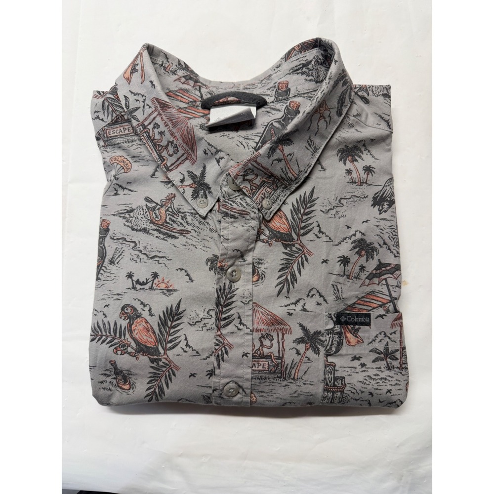 Columbia Mens XLT Tall Grey Tropical Island Parrot Print Button Down Shirt - Picture 3 of 8